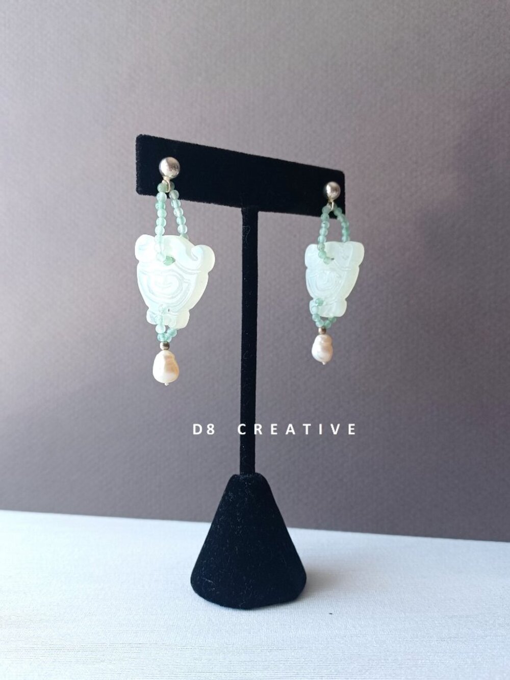 New Green jade butterfly with freshwater pearl sterling silver hanging earring